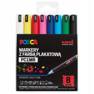 Markery z farbą plakatową pigmentowe POSCA Basic Colours 8 kolorów UNI PC1MR